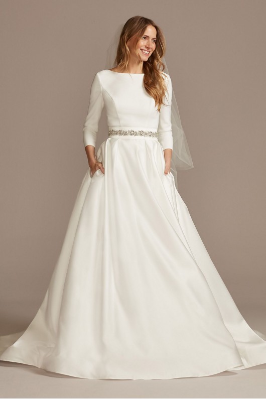 3/4 Sleeve Low Back Crepe and Satin Wedding Dress  WG4005