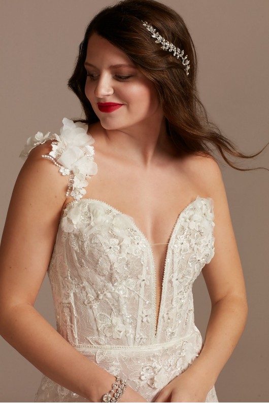 3D Floral Applique Plunge Bodysuit Wedding Dress  MBSWG885