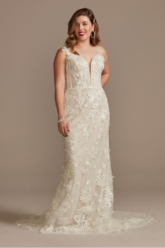 3D Floral Applique Plunge Petite Wedding Dress  7LSSWG885