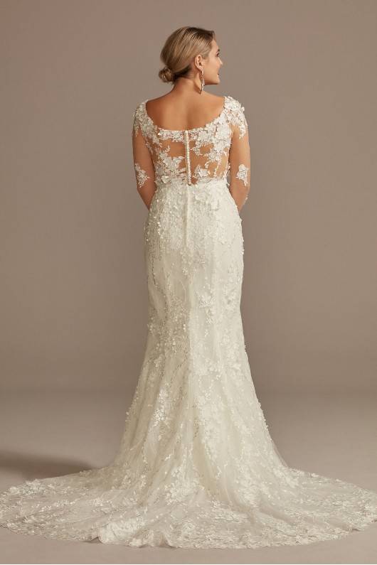 3D Floral Illusion Sleeve Plunge Wedding Dress  CWG894