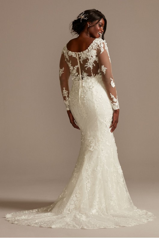 3D Floral Illusion Sleeve Plus Size Wedding Dress  8CWG894