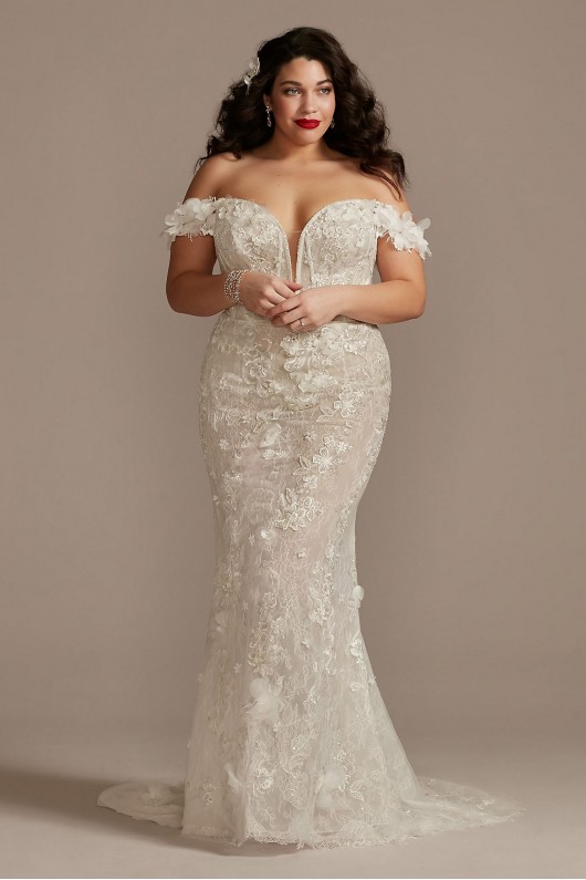 3D Floral Plunge Tall Plus Bodysuit Wedding Dress  4XL9MBSWG885