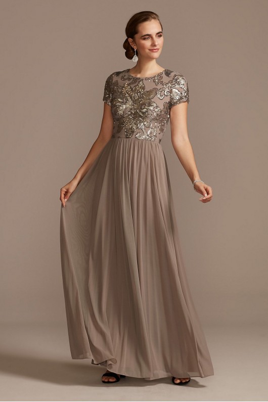 A-Line Dress with Floral Sequin Bodice Betsy and Adam A21102