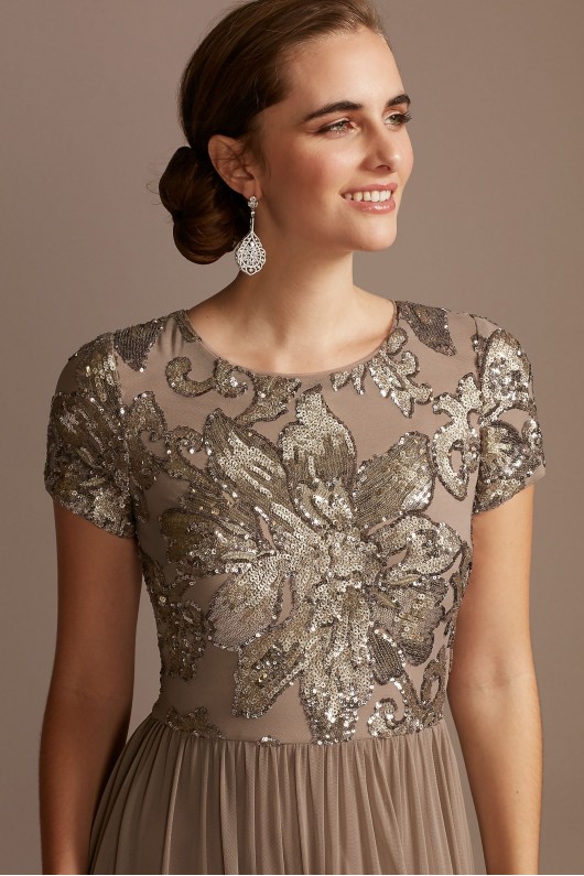 A-Line Dress with Floral Sequin Bodice Betsy and Adam A21102
