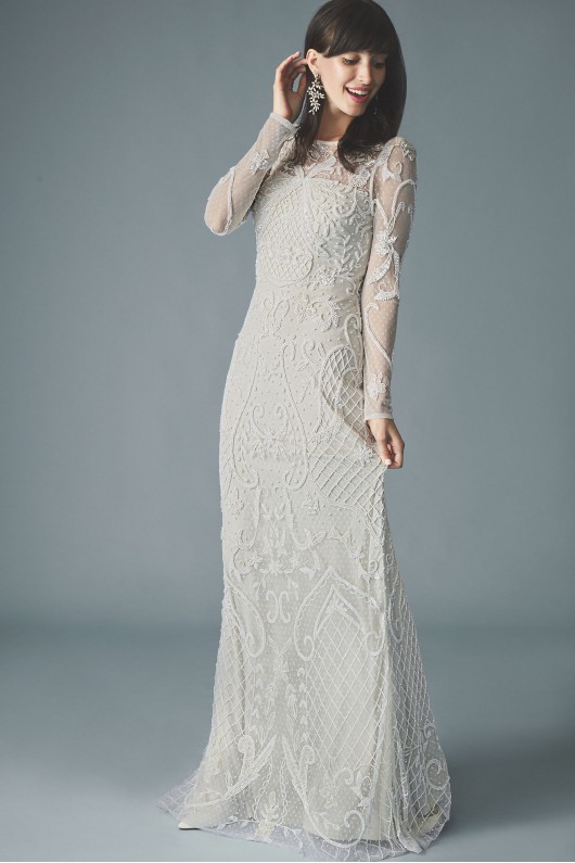 Allover Scroll Beaded Illusion Long Sleeve Gown DB Studio WGIN718