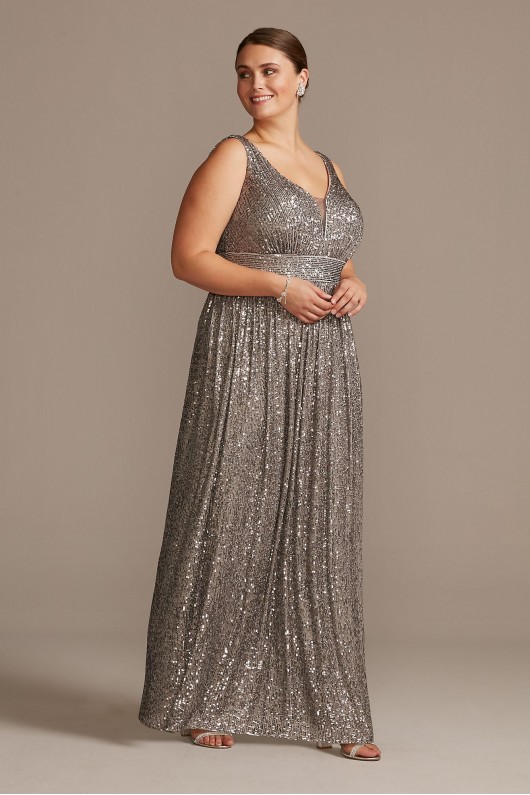 Allover Sequin Pleated Illusion Plus Size Gown Morgan and Co 21923W