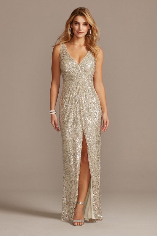 Allover Sequin Pleated V-Neck Gown with Slit  WBM1836
