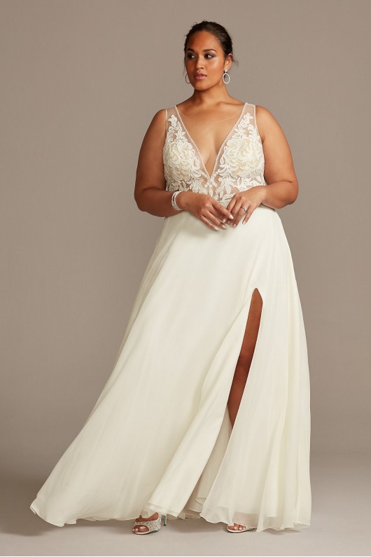 Applique Illusion Chiffon Plus Size Wedding Dress  9SWG842