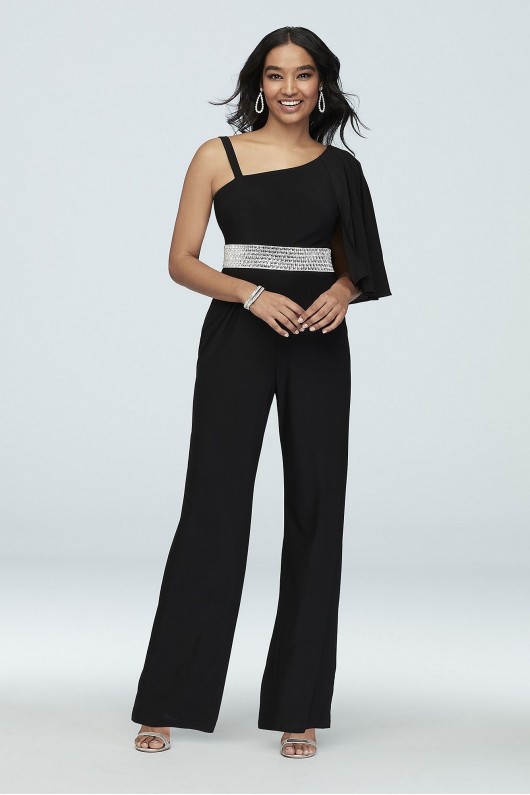 Asymmetric Sleeve Jumpsuit with Crystal Belt Morgan and Co 5252