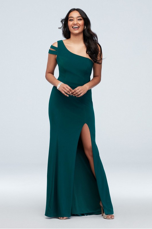 Banded Asymmetric Sleeve Stretch Jersey Gown Xscape 2451XD