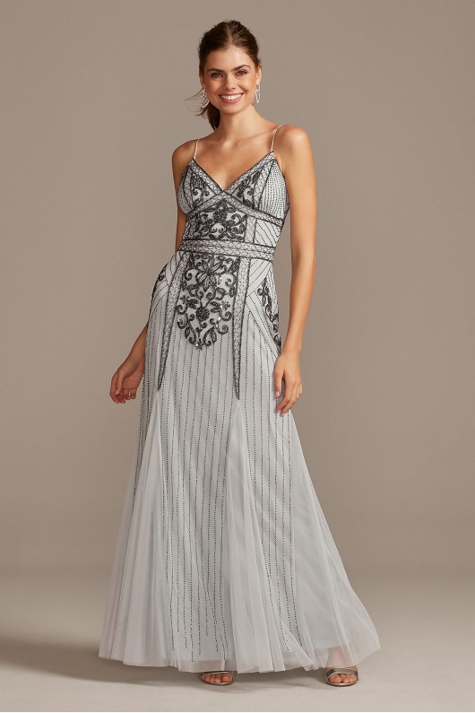 Bead-Embellished Mesh Overlay Spaghetti Strap Gown Jump 11091