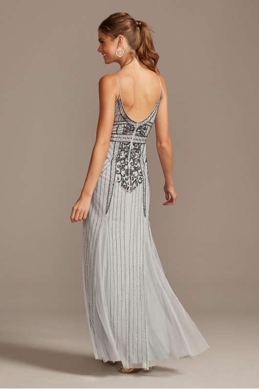 Bead-Embellished Mesh Overlay Spaghetti Strap Gown Jump 11091