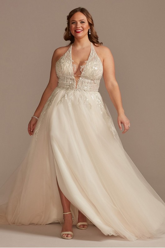 Beaded Applique Plunge Tall Plus Wedding Dress  4XL9SWG914