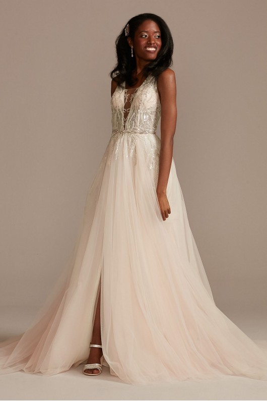 Beaded Applique Plunge Tall Slit Wedding Dress  4XLSWG914