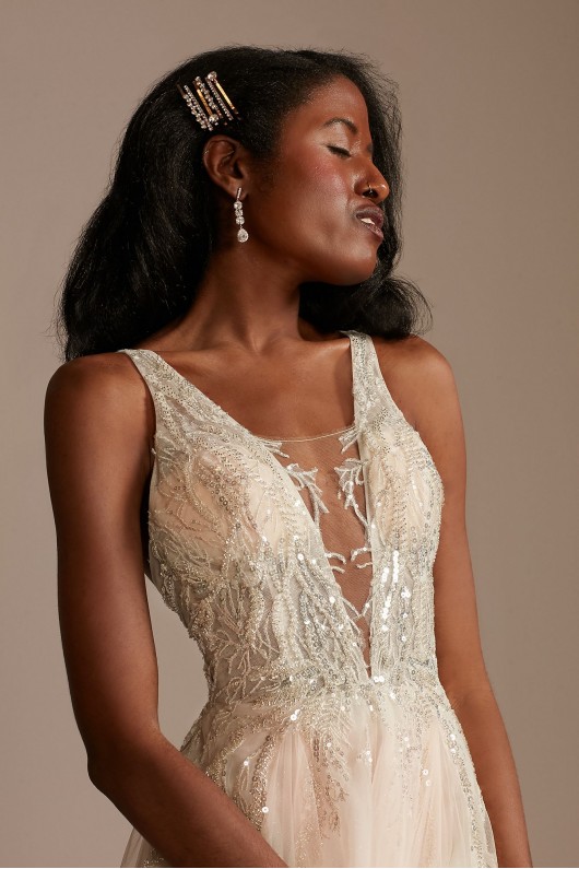 Beaded Applique Plunge Wedding Dress with Slit  SWG914
