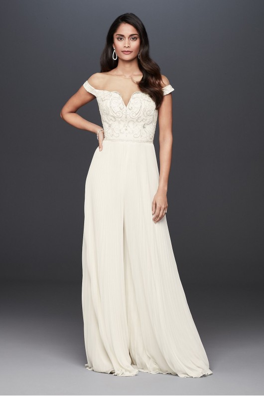 Beaded Illusion Off-the-Shoulder Wedding Jumpsuit  SWG826