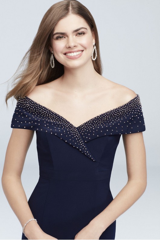 Beaded Jersey Off-the-Shoulder Dress with Lapel Xscape 841X