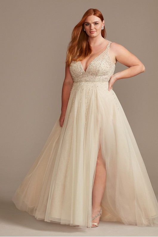 Beaded Plunging-V Illusion Plus Size Wedding Dress  9SWG837