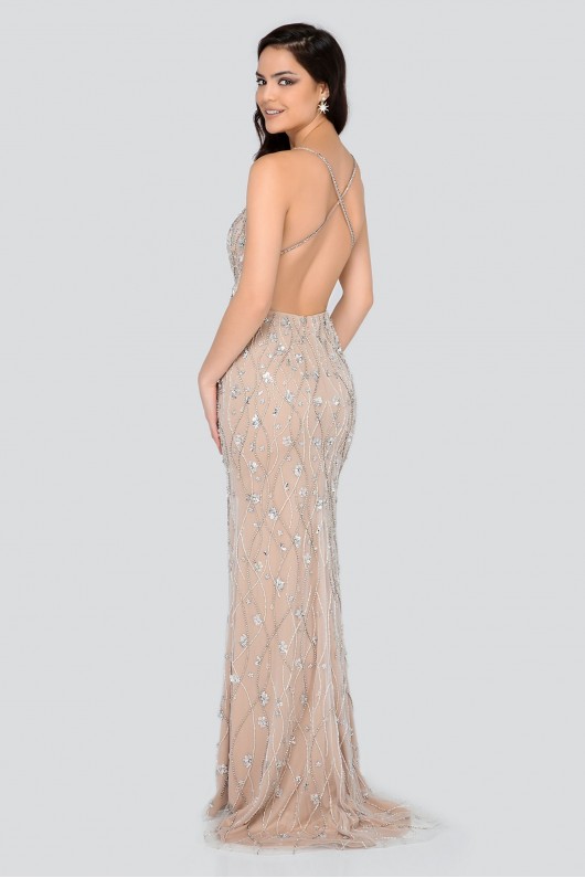 Beaded Plunging V-Neck Sheath Dress with Slit Terani Couture 1911P8112