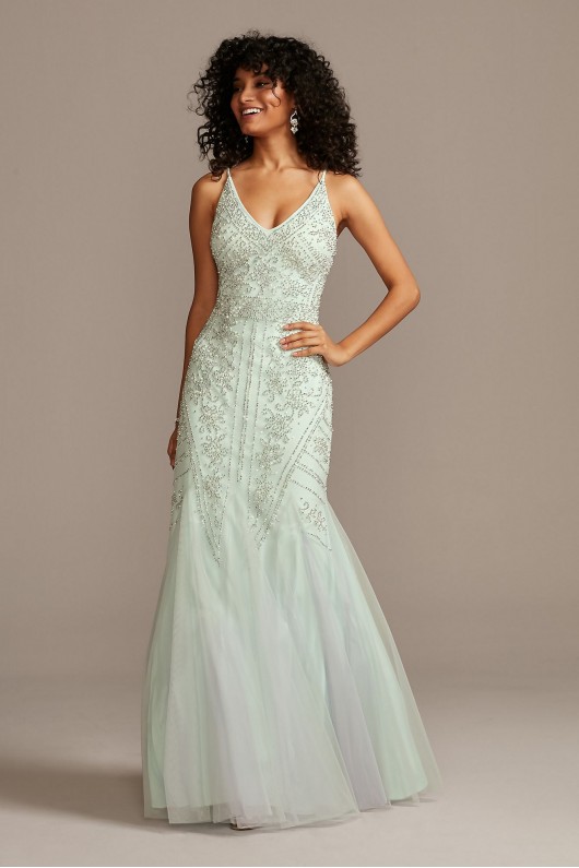 Beaded V-Neck Mermaid Gown with Tulle Godets Xscape 3480X