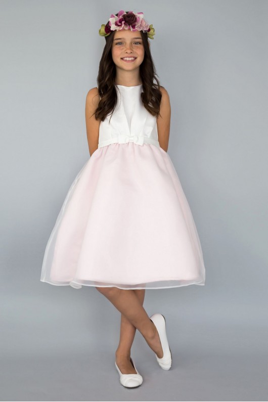 Belted Flower Girl Dress with Organza Skirt Layer US Angels 1001UA