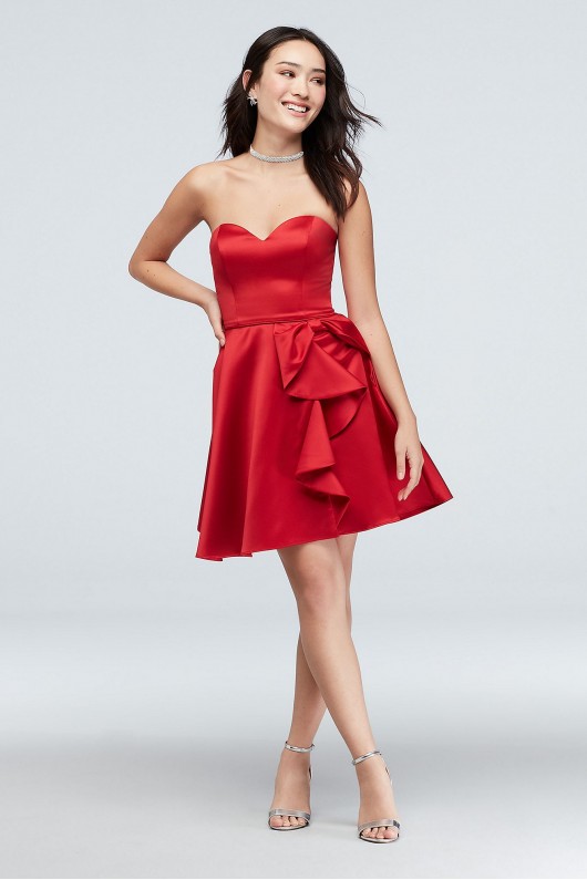 Bow Ruffle Strapless Satin Fit-and-Flare Dress Blondie Nites 1621BN