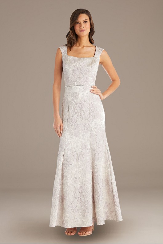 Brocade Square-Neck Sheath Gown with Cap Sleeves  7252