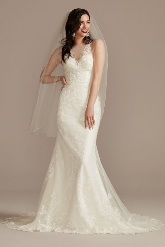 Buttoned Illusion Back Applique Tall Wedding Dress  4XLCWG909