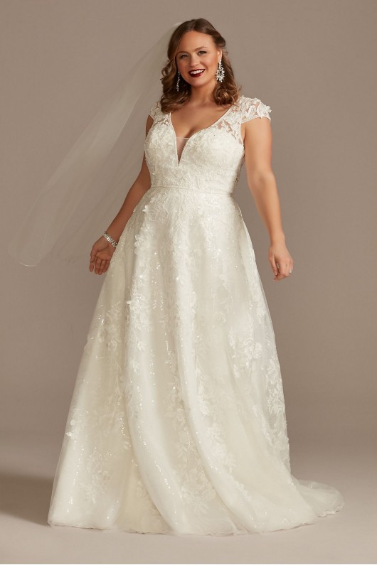 Cap Sleeve 3D Floral Lace Plus Size Wedding Dress  8CWG907