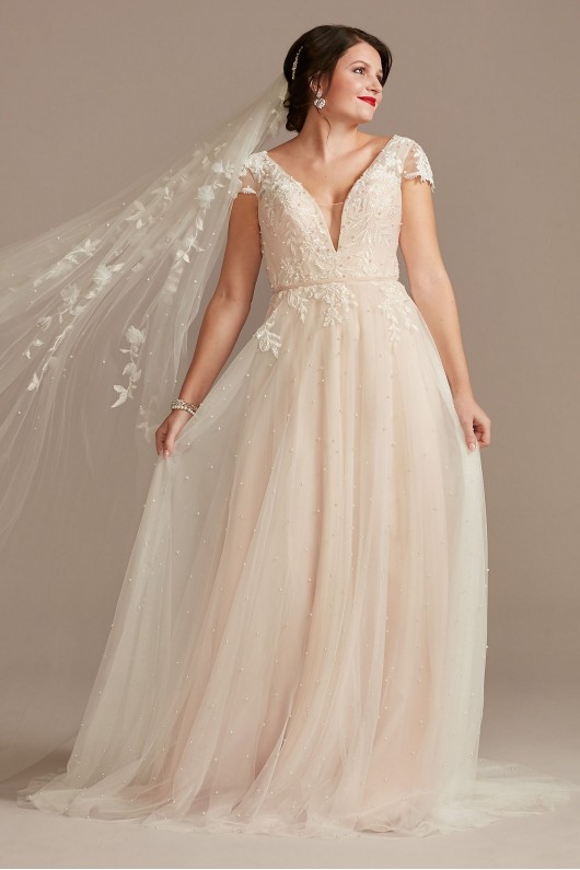 Cap Sleeve Pearl Tulle Wedding Dress with Low Back  CWG889