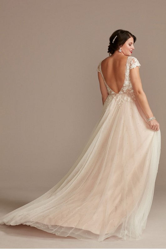 Cap Sleeve Pearl Tulle Wedding Dress with Low Back  CWG889