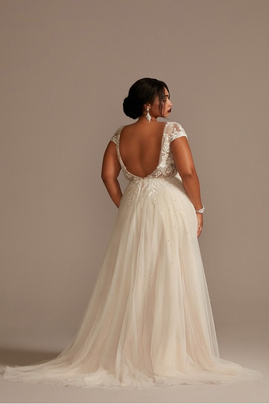 Cap Sleeve Pearly Low Back Plus Size Wedding Dress  8CWG889