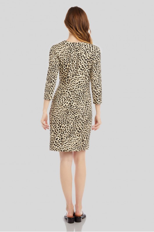Cheetah Print Faux Wrap 3/4 Sleeve Cascade Dress Karen Kane 1L10500