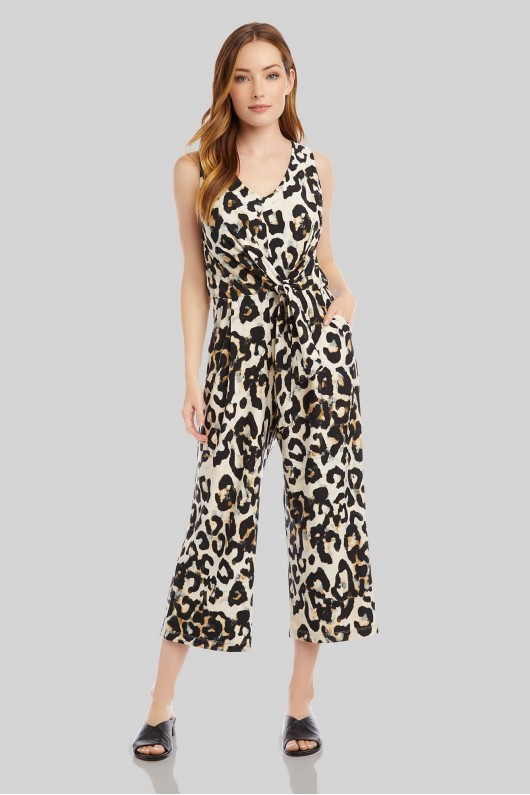 Cheetah Print V-Neck Tie-Front Sleeveless Jumpsuit Karen Kane 1L15262