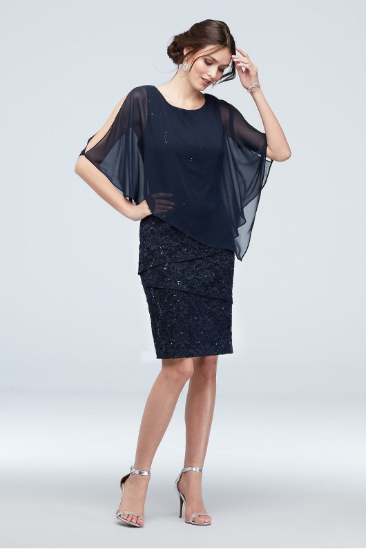 Cold Shoulder Cape and Ruffle Lace Dress Ronni Nicole V212637