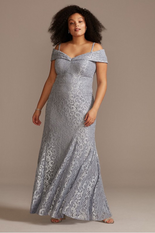 Cold-Shoulder Glitter Lace Plus Size Mermaid Dress  2047W