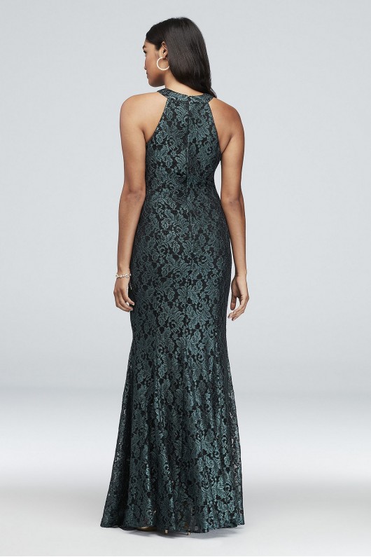 Contrast Lace High-Neck Halter Mermaid Gown Morgan and Co 21689