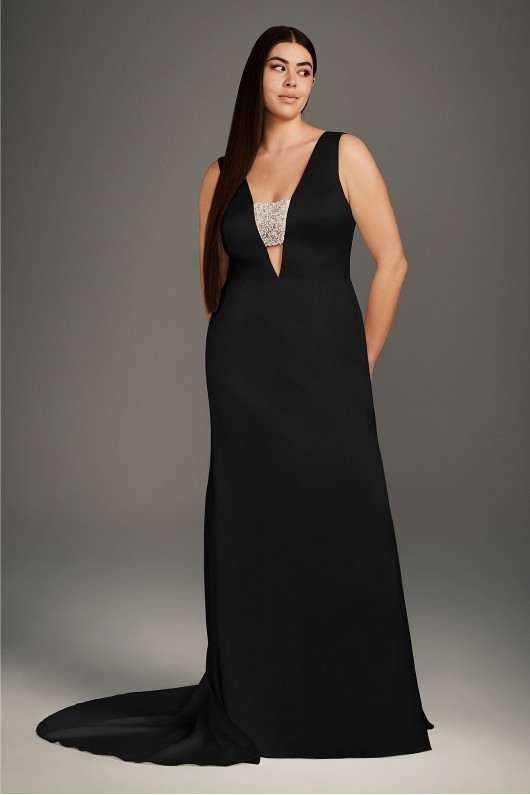 Crepe-Back Satin Encrusted Bandeau Plus Size Gown 8VW351465