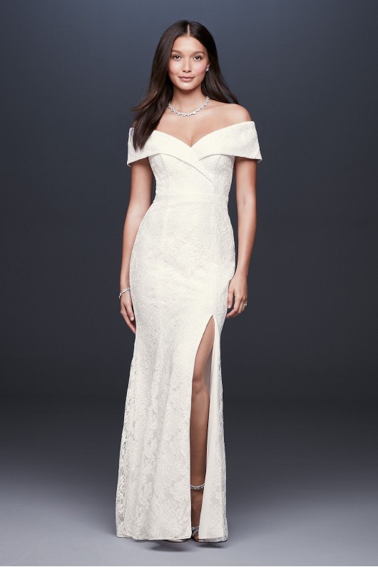 Cuffed Off-the-Shoulder Lace Sheath Gown with Slit DB Studio DB1531