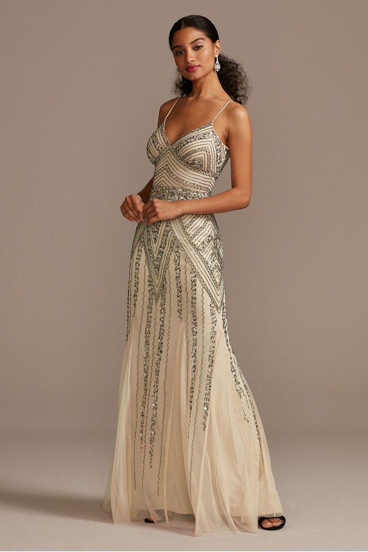 Deco Beaded Mesh A-Line Gown with Godet Skirt Marina 263312