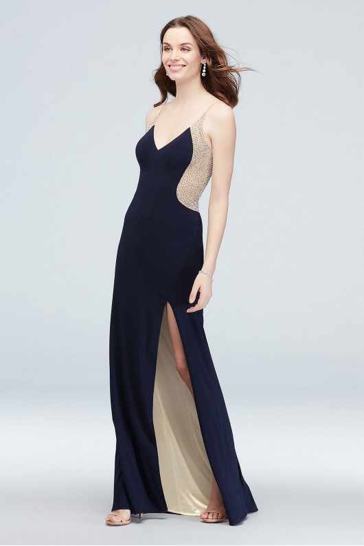 Deep-V Illusion Silhouette Crystal Gown with Slit Xscape 2237X
