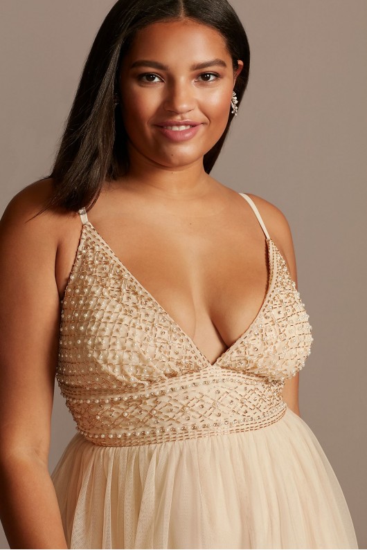 Deep-V Pearl Beaded Bodice Tulle Plus Size Gown Speechless W43795TS6