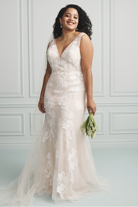Deep V Plus Size Wedding Gown with Floral Applique Melissa Sweet 8MS251200