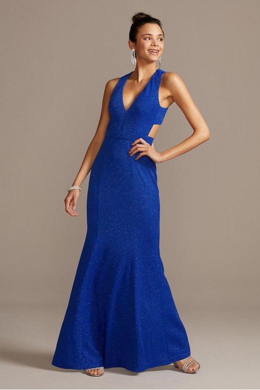 Deep-V Stretch Glitter Dress with Cross-Back Speechless X43591JB01