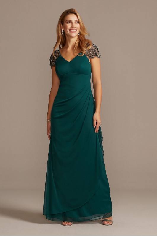 Embellished Chiffon Cap Sleeve Ruched Gown Xscape 2523X