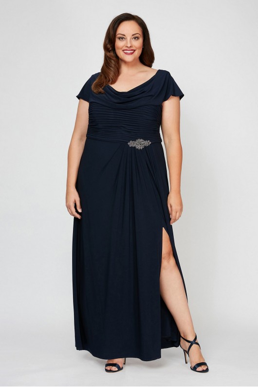 Embellished Pleated Cowlneck Plus Size Dress Alex Evenings 84351491DS