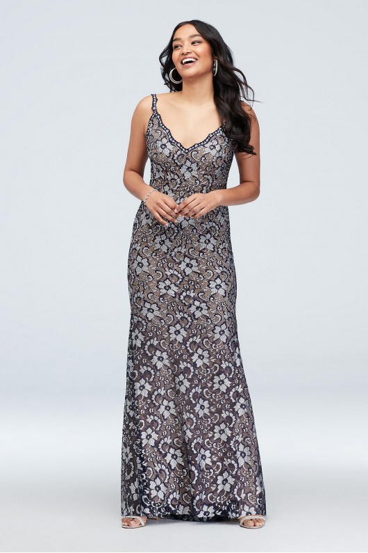 Floral Embellished Deep-V Gown with Lace Trim Xscape 1789X
