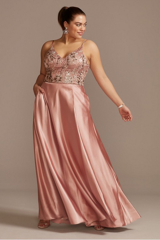 Floral Embellished Plus Size Gown with Satin Skirt Sequin Hearts 6729MV8W