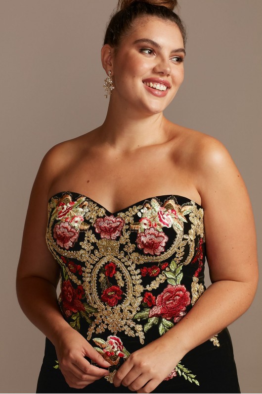 Floral Embroidered Velvet Strapless Plus Size Gown Blondie Nites 1294BNW