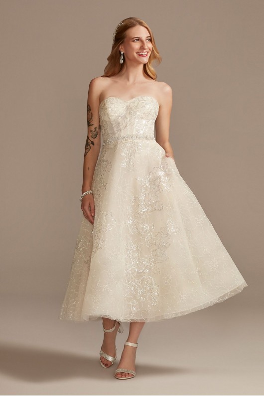 Floral Glitter Tulle Tea-Length Wedding Dress  CWG903